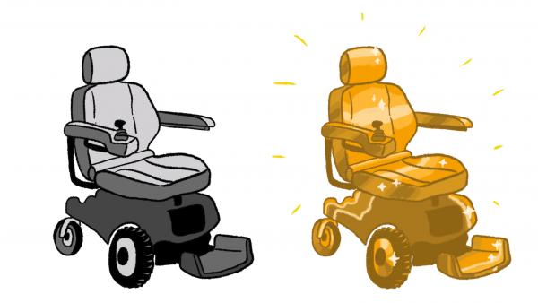 left: electric wheelchair. Right: wheelchair made of gold