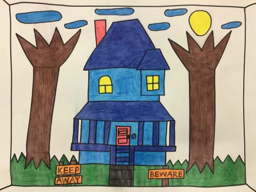 A drawing of a blue house with keep out and beware signs out front.