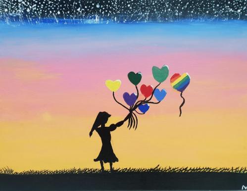 A painting of a girl's silhouette holding colourful balloons with a sunset.