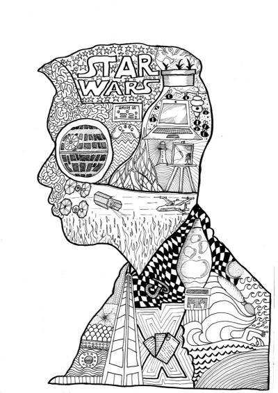 Drawing of a person in side profile, with intricate patterns inside. 