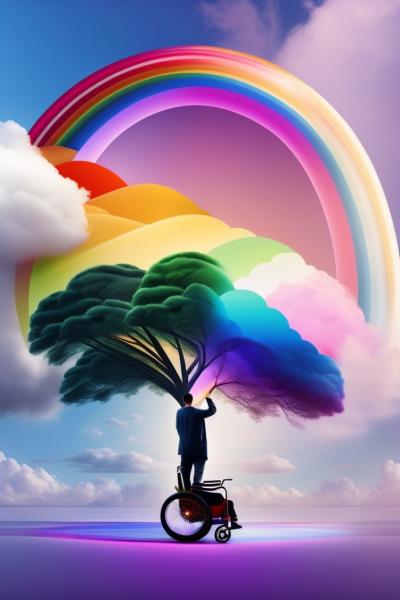 A digital art with a disabled young person, wheelchair, tree and rainbow.