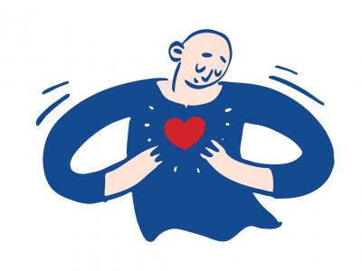 A young person with their hands on their chest, with a heart in the middle.