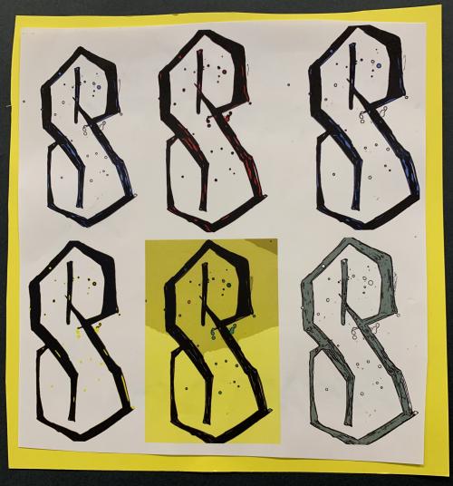 Ben's drawings of six stylised 'S' shapes. They are bold and in graffiti style.