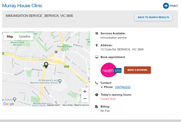 Clinic information including make a booking button
