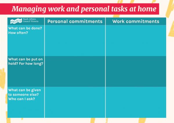 Table template for organising work and personal commitment schedules