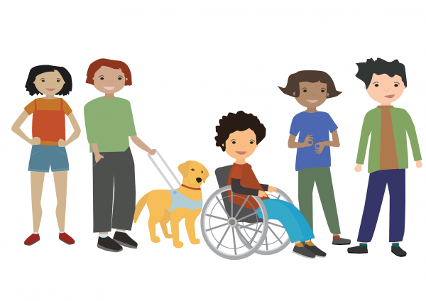 Cartoon of disabled people with different access needs and backgrounds