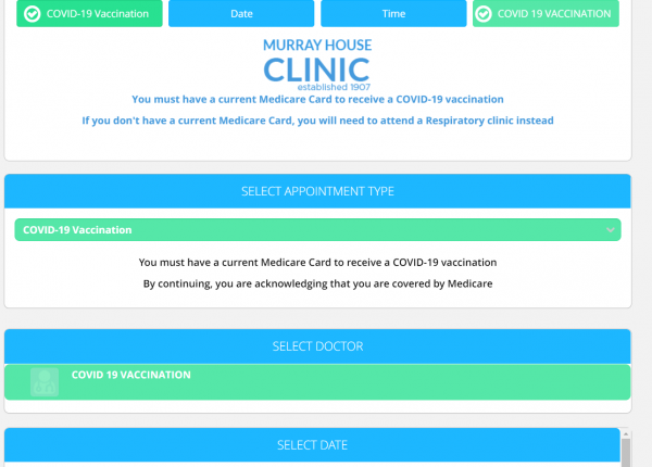Page with blue buttons, information about booking your COVID vaccine