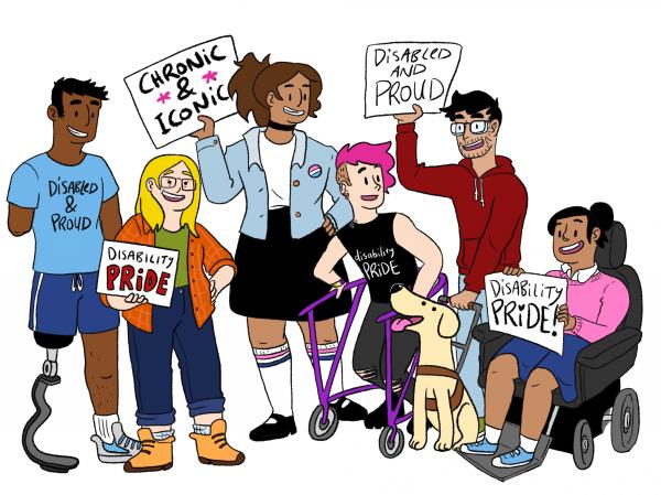 Illustration of a group of young people protesting about disability pride