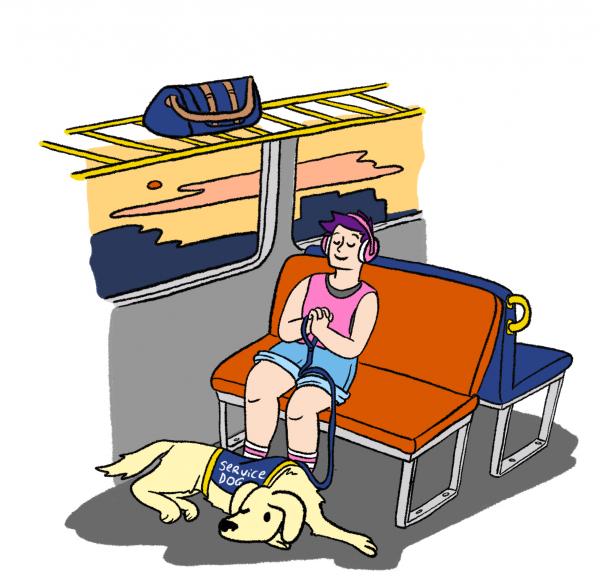 Illustration of a young person on a bus with their service dog.