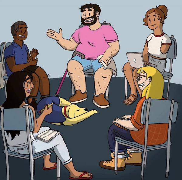 Illustration of group of young people sitting in a circle talking.