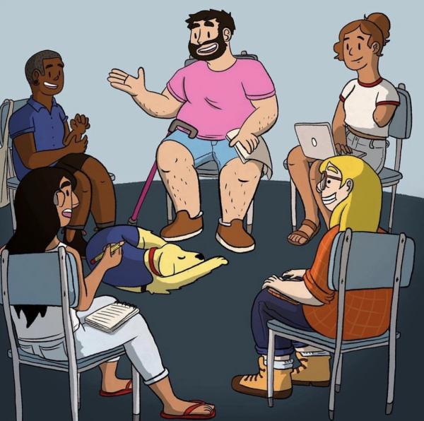 Illustration of group of disabled young people chatting in a group