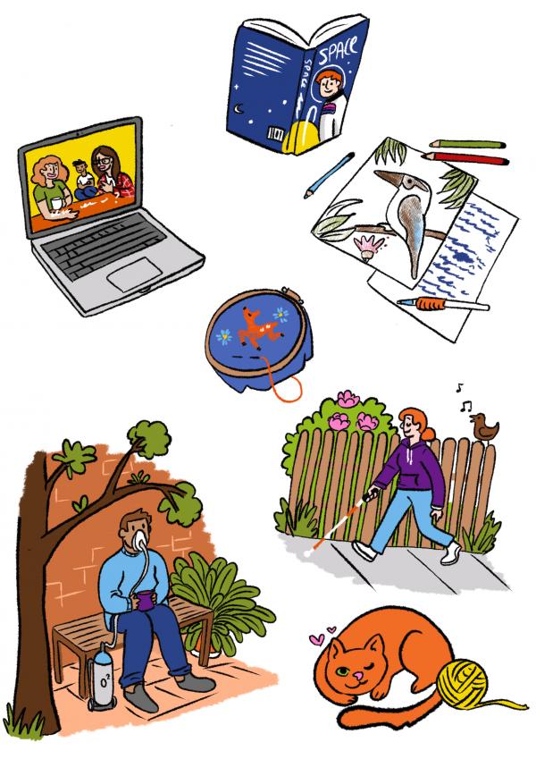 Illustration of self care activities like going for a walk, reading and drawing