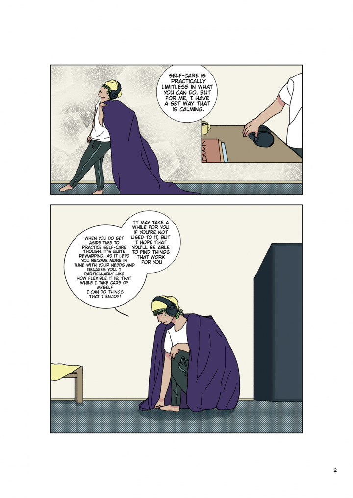 Page 2 of comic: Hazel with headphones on and a blanket.